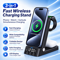 Station de charge sans fil pliable HYTO 3 en 1 avec réveil numérique, chargeur sans fil rapide 15W pour téléphone, montre et écouteurs