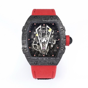 Montre mécanique haut de gamme unisexe personnalisée avec boîtier en fibre de carbone noire creuse, bracelet en velcro tissé <span class=keywords><strong>rouge</strong></span>, édition limitée, verre saphir - Product Image 1