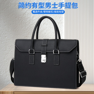 Men's Genuine Leather <b>Briefcase</b> Large Capacity Business Travel Bag Solid Color Blue - Product Image 3