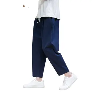 Celana panjang katun longgar pria, bawahan olahraga kasual tabung lurus longgar dan bernafas gaya Jepang 9 inci