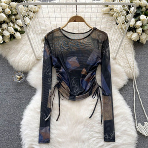 Annshine Blouse en mousseline à manches longues, coupe ajustée, col rond, avec cordon de serrage et maille tie-dye, design vintage de niche, Nouvelle collection été 2026 - Product Image 5