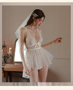 Abito con cinturino Patchwork in pizzo da sposa con camicia da notte senza maniche con velo - Product Image 6