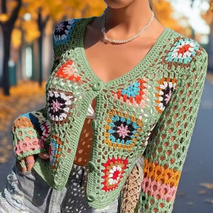 Cardigan da Donna Lavorato a Mano con Logo Personalizzato, Stile Boho all'Uncinetto, Motivo Floreale, Chiusura con Bottone Singolo, Antirughe, Asciugatura Rapida, per l'<span class=keywords><strong>Autunno</strong></span> - Product Image 2
