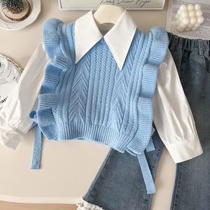 Ensemble d'été 2026 personnalisable pour filles : Nouvelle collection décontractée respirante en polyester/coton, gilet tricoté, chemise et jean – Ensemble trois pièces - Product Image 6