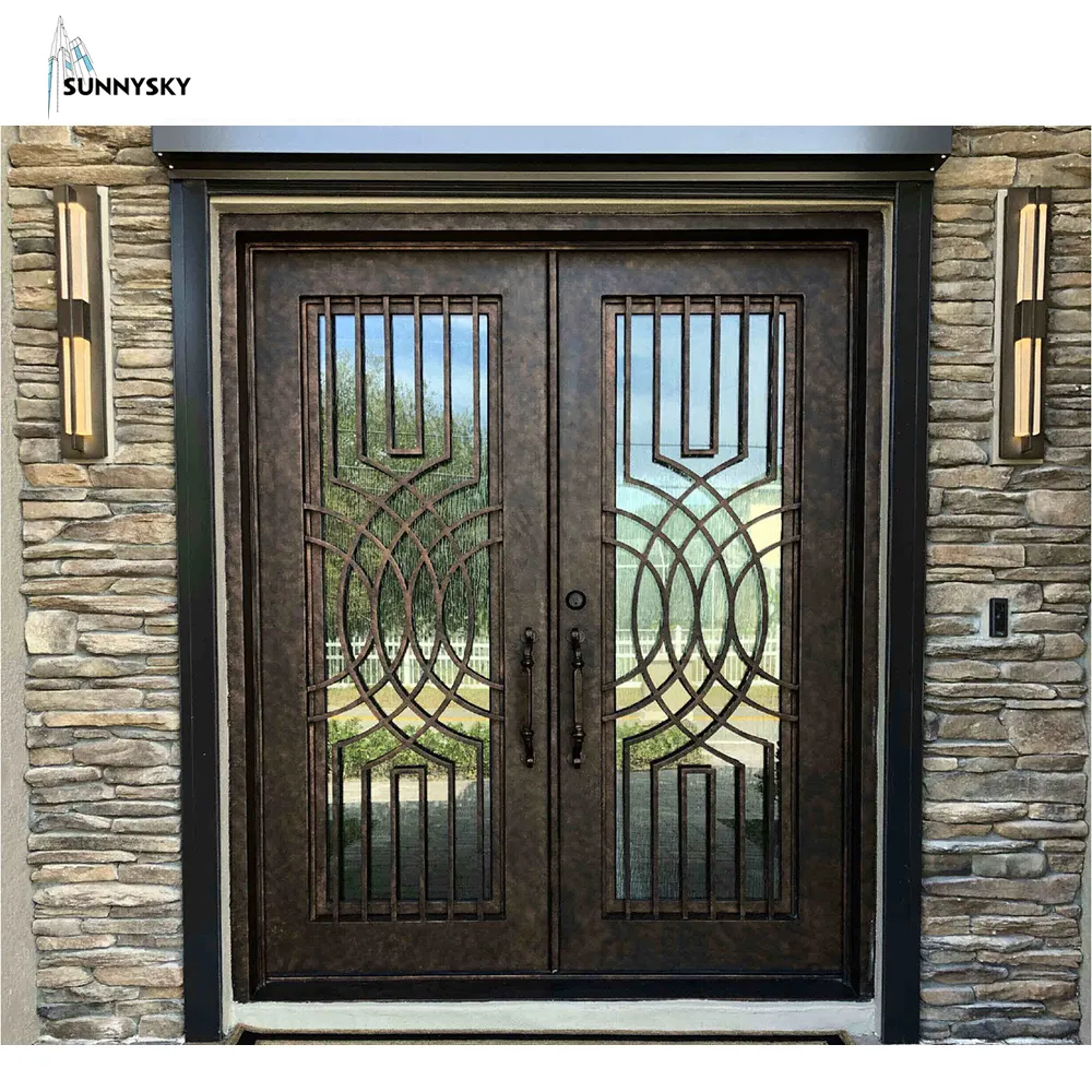 Sunnysky आधुनिक घर बाहरी दरवाजा डबल टेम्पर्ड ग्लास दरवाजा प्रविष्टि गढ़ा लोहे के दरवाजे डिजाइन