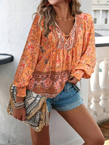 Blusa de Manga Larga con Estampado Floral Bohemio Personalizada al por Mayor para Mujer, Blusa Informal con Cuello en V Vintage para Vacaciones de Verano - Product Image 5
