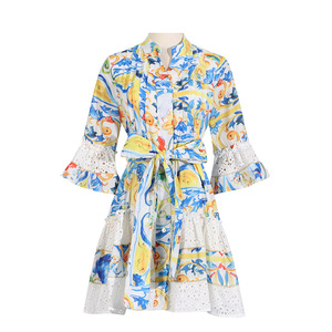 2024 Vintage <b>Bohemian</b> Single-Breasted Button Mix Colors Womens Chiffon Eco-Friendly A-Line Mid-Length Sleeve Short <b>Dress</b> Blue - Product Image 4