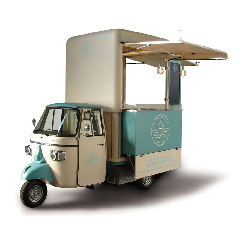 2024 미니 전기 가솔린 음식 트럭 거품 차 아이스크림 커피 카트 성인을위한 툭툭 자판기 세발 자전거를 제기 할 수 있습니다