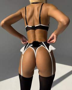 Ensemble de lingerie sexy pour femme avec broderie de logo personnalisé, dentelle à nœuds, sous-vêtements de demoiselle d'honneur et bas en soie froncés transparents - Product Image 5