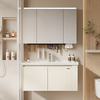 Meuble de salle de bain ARROW en acier inoxydable avec miroir LED intelligent et lavabo en céramique, ensemble mural avec étagère latérale droite ouverte