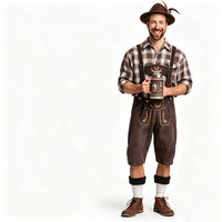 Chemise à carreaux marron pour homme, broderie cerf, ensemble complet Lederhosen marron foncé, chapeau en feutre, chaussettes, bottes, style bavarois pour l'Oktoberfest