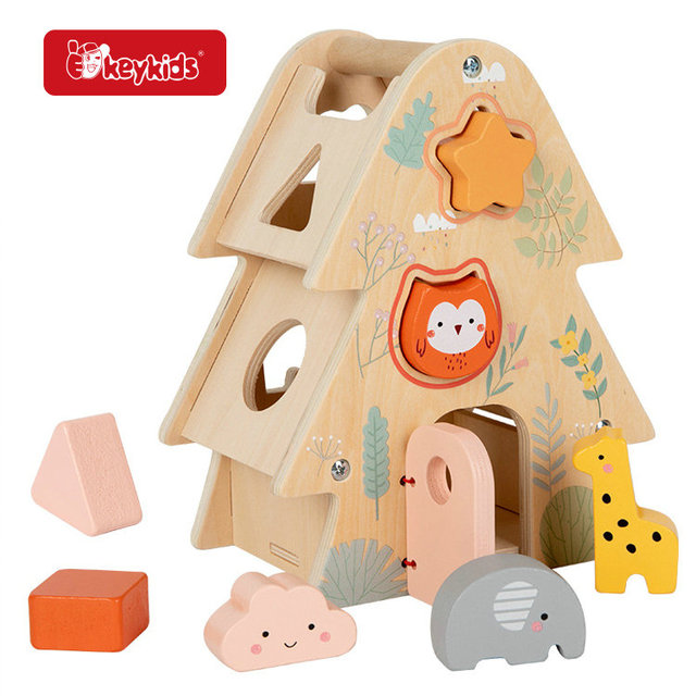 Wooden House Shape Sorting Block Toy Set - Animal & Geometric Matching Puzzle with Carry Handle for Kids W12D763