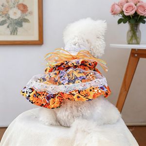 Pet <b>Clothes</b> For Dogs And <b>Cats</b> Orange Blossom Floral Dress With Lace Trim Cute Pet Dress Small Dog Puppy Outfit - Product Image 3