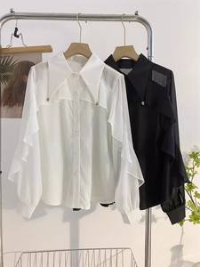 S-XL उच्च अंत की स्टड लैपल शैली सैटिन शर्ट लंबी आस्तीन शिफॉन रूफल्ड शीर्ष - Product Image 6