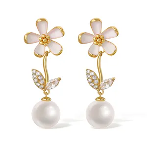 Newest handmade shell pearls jewelry pretty beautiful flower precious white pearl 18k gold plated drop earrings