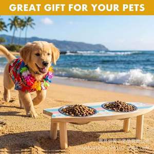 Wooden Surfboard Pet Feeding Stand Elevated Dual Bowl <b>Cat</b> Dog <b>Feeder</b> Oval Shape - Product Image 2