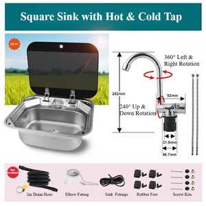 Évier de camping-car en acier inoxydable noir et argenté avec couvercle en verre et robinet pliable, accessoire de lavabo pour <span class=keywords><strong>caravane</strong></span> et camping-car - Product Image 6
