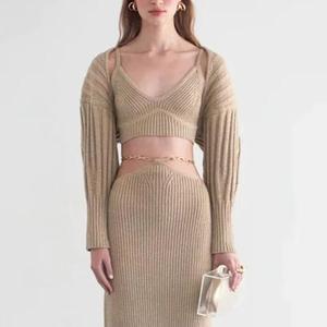 Ensemble 3 pièces en tricot pour <span class=keywords><strong>femme</strong></span> 2026 : <span class=keywords><strong>Boléro</strong></span> à manches longues et haut de camisole en maille avec jupe moulante - Product Image 1