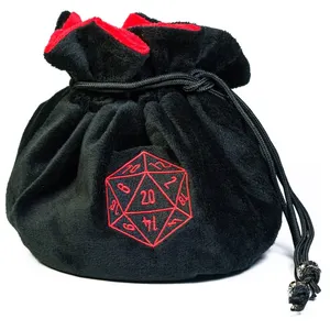 Large Dice Bags With Pockets Black Storage Bag With Drawstrings D20 Logo For DND RPG MTG Game Dices