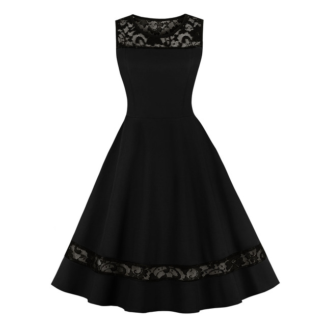OEM Ladies  Sleeveless Crew Neck Lace Splicing High Stretchy Flare A-Line Retro Vintage Black Swing Dress