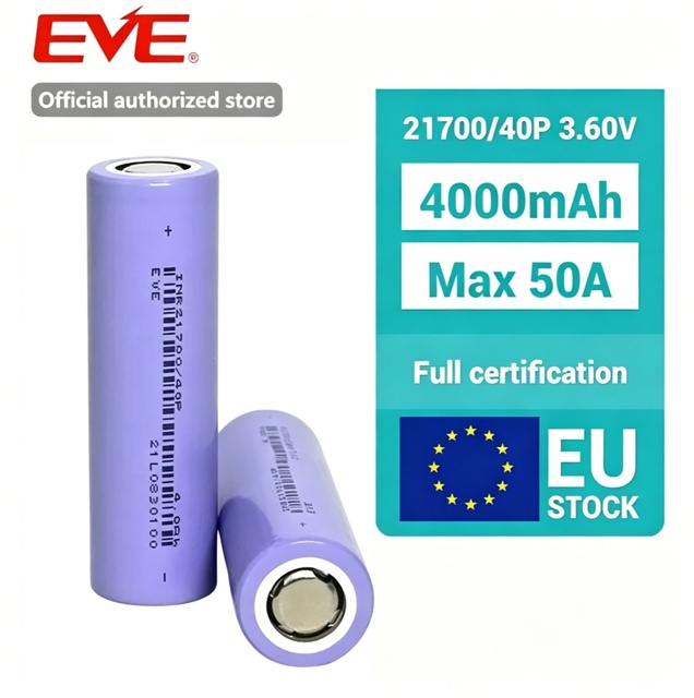 EVE 40P Grade a EU Stock INR 21700 4000mAh Lithium Ion Battery MAX 12.5C 50A Discharge Battery for E Bike E-scooter Power Tools