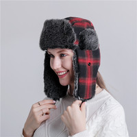 FF4708 Plaid Fuzzy Fluffy Ski Hunting Cap Earflap Trooper Sombrero de invierno Forrado de felpa Ruso Ushanka Faux Fur Trapper Hat
