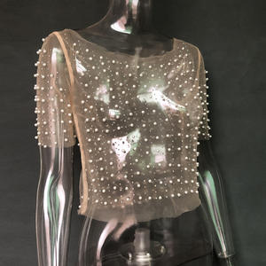 2024 da donna con strass di perle e perle a manica corta perle aderenti camicie estive Sexy copricover da spiaggia - Product Image 1