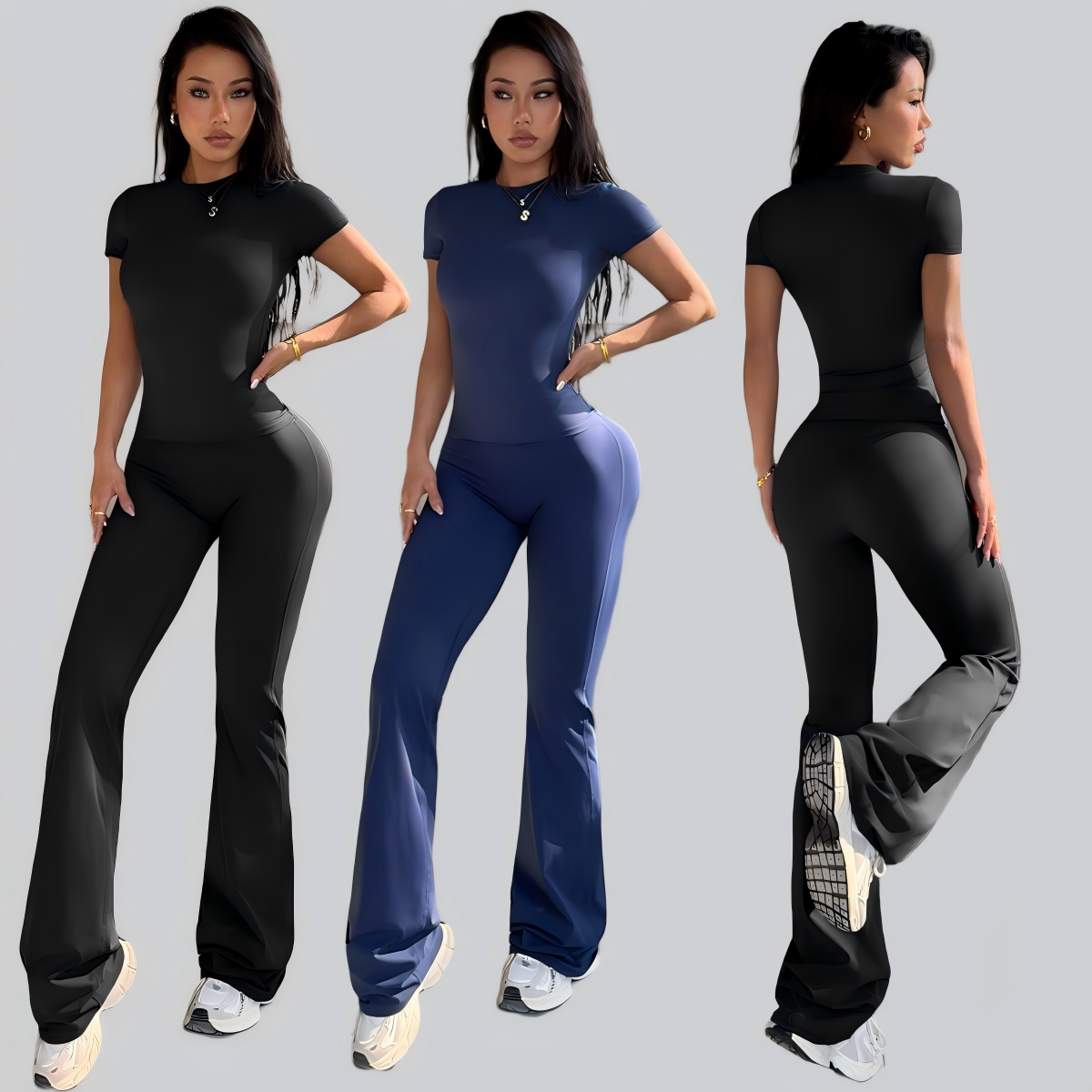 Women's Breathable Seamless 2-Piece Yoga Suit Set High Waist Leggings Crew Neck T-Shirt Four-Way Stretch Quick Dry