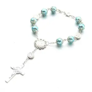 Elegant Pearl Bead Communion Baby Shower Gifts Baptism Rosary Bracelets Catholic Crucifix Prayer Christening Party Favor SP-127