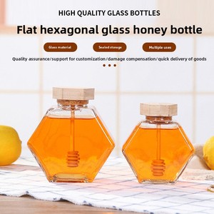 ขวดน้ำผึ้งแก้วใสทรงหกเหลี่ยมสูงสีขาวพร้อมฝาไม้ไผ่พร้อมแท่งคนผสม ดีไซน์ป้องกันการรั่วซึม ขนาด 380 มล. - Product Image 5