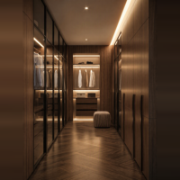 Dressing sur mesure pour toute la maison, placard moderne sans poignées en placage de pin massif, éclairage LED, écologique, OEM ODM, villa de luxe