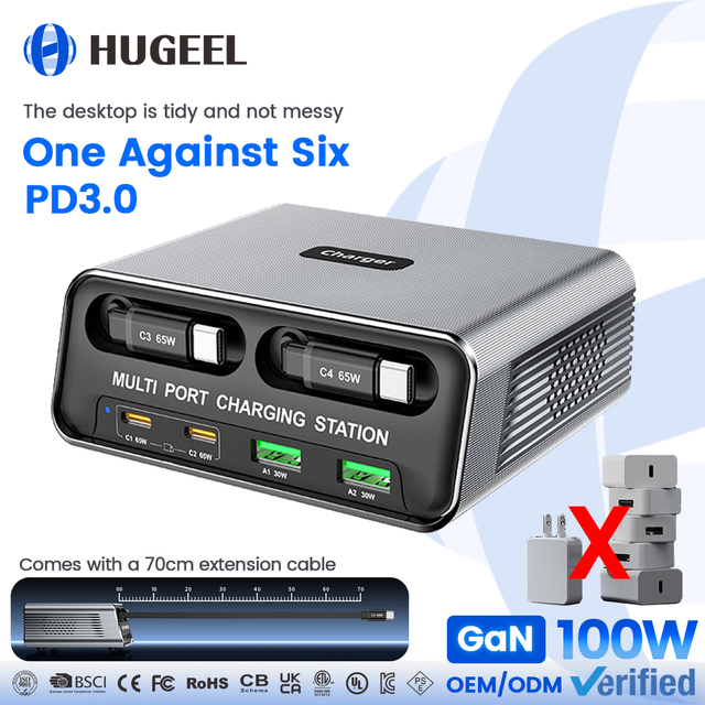 100W Type-C Charger GaN Super Fast Charging 6 in 1 Desktop Charger with 70cm Retractable Cable for Phone Laptop USB-C Adapter