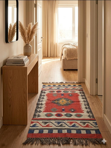 Tapis du Sud-Ouest en laine et jute fait main |   Tapis d'intérieur rouge à motifs géométriques tribaux bohèmes pour salon, chambre, couloir, entrée - Product Image 3