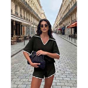 Ensemble de vêtements en tricot crocheté à col en V, couleur abricot, pour femmes - Product Image 4