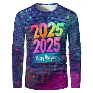 Camiseta de Manga Larga con Estampado Digital de Feliz Año Nuevo 2025, Cuello Redondo, Unisex, Talla Grande, para Fiestas - Product Image 3