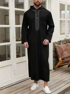 Loose Muslim Men's Hooded Long Robe Embroidered Sleeve Islamic Black Casual Gown Open Front Design <strong>for</strong> Comfortable Wear Clothing - Product Image 1