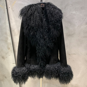Manteau en cuir pour femme avec col en fourrure de Mongolie, veste en daim <span class=keywords><strong>bleu</strong></span> foncé pour l'automne - Product Image 5