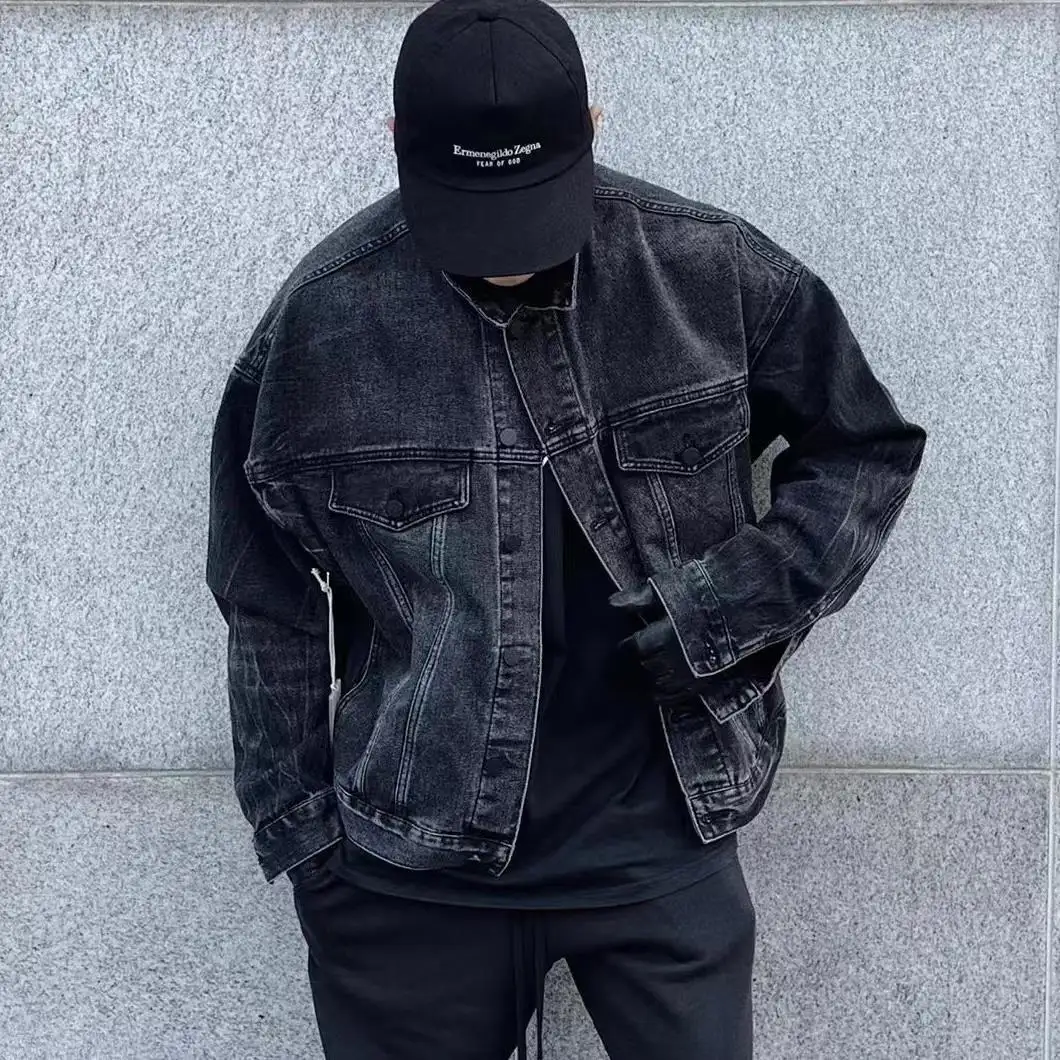 Jaqueta jeans preta lavada dupla linha, alta qualidade, inverno, alta qualidade, moda de rua, neblina, perfil casaco masculino