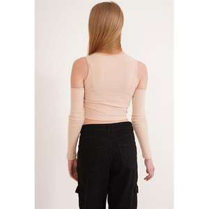 Blouse à col rond en gros, détail d'épaule orné de pierres, décontractée, courte, en coton et en mousseline, XS, imprimé uni, lavée, logo, ceinture - Product Image 3