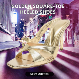 Sandales à talons carrés dorées à brides croisées, mules à enfiler, chaussures habillées à talons hauts pour soirée et trajets quotidiens - Product Image 2