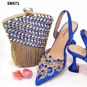2022 Strass nigerian ische dunkelblaue Farbe Schuhe Handtasche afrikanische Hochzeits schuhe passen Tasche High Heels Damen Phantasie für Party Frauen