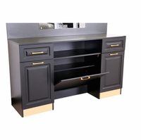 Station de Barbier Moderne de Luxe en Panneaux de Bois avec Coiffeuse Noire et Or Métallisé, Miroir Éclairé Inclus pour Usage Hôtelier