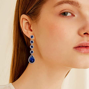 Orecchini lunghi rotondi vintage con zirconi blu royal per donna, eleganti gioielli da festa alla moda - Product Image 4