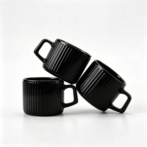 Mug à café en verre rayé de haute qualité avec poignée, tasses à café rondes noires en verre 300 ml pour café, lait et <span class=keywords><strong>eau</strong></span> - Product Image 2