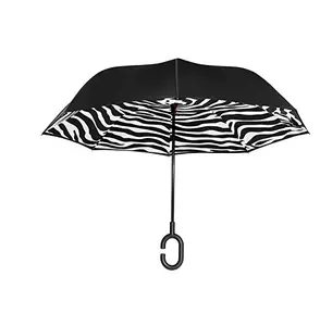 Lotus Custom Black White Stripe Zebra Hands Free Smart Reverse Upside-down Umbrella For Ladies