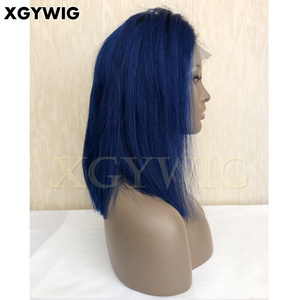 Stock Ombre Two Tone Color 100% Virgin Brazilian Human Hair T1B/<strong>Blue</strong> 12" Black Roots BOB Straight Full Lace Dark <strong>Blue</strong> <strong>Wig</strong> - Product Image 4