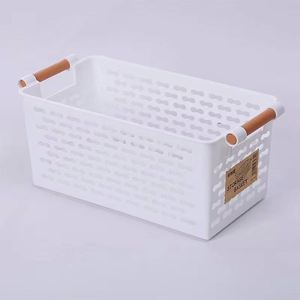 Sustainable Modern Rectangle <b>Plastic</b> Storage <b>Basket</b> Wood Handle Eco-Friendly Multifunction for Clothing Food Organization Home - Product Image 1