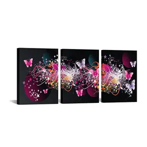 3 Piece Butterfly Canvas Wall Decor Pink Purple Butterfly on Black Background Painting Artwork Animal Picture for Girls Bedroom