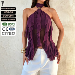 OEM ODM Custom <b>Women</b> Halter Neck Ruffle Sheer <b>Mesh</b> Chiffon Blouse Sleeveless Backless Evening Club Party <b>Tops</b> - Product Image 1