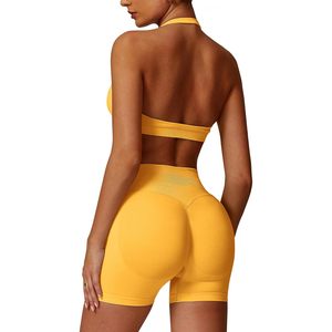 2 Piece Womens Workout Set <b>Halter</b> <b>Neck</b> Sport <b>Bra</b> Matching Booty Lifting Shorts Gym Yoga Active Outfits - Product Image 1